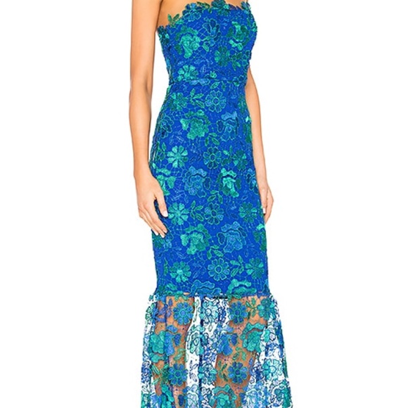NWT Lovers + Friends Teagan Gown Lace Floral Blue Green Strapless Mermaid Sz LG - Picture 1 of 10